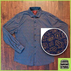Mens Paisley Button Shirt Medium Blue/Copper Consequence Cotton Preppy Dressy